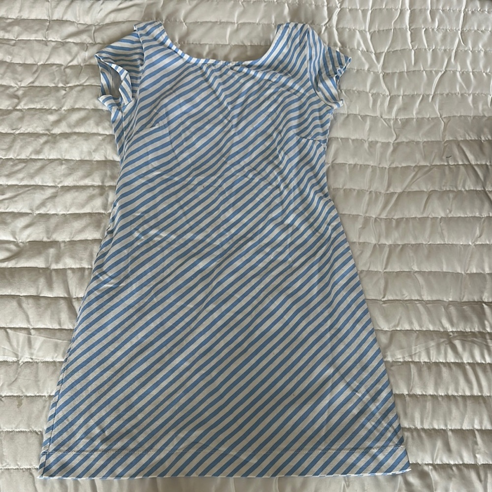Mahi Gold Blue and White Striped Dress